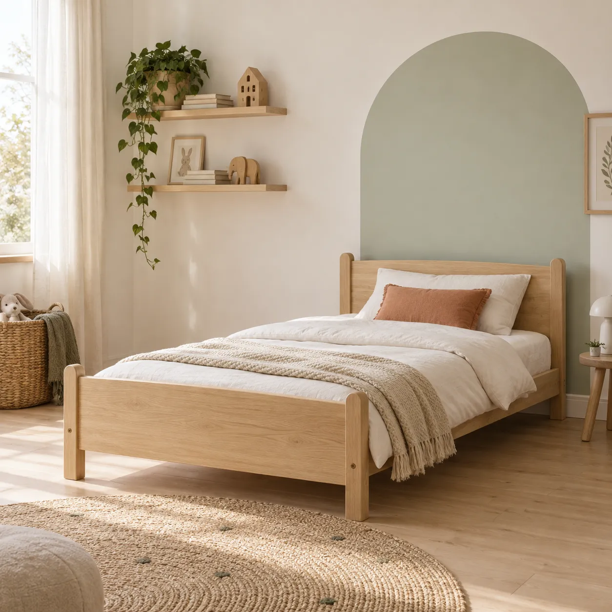 Cama infantil baja de madera clara en una habitación luminosa