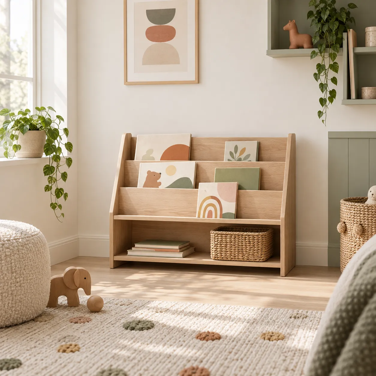 Librería infantil baja de madera con los cuentos de frente