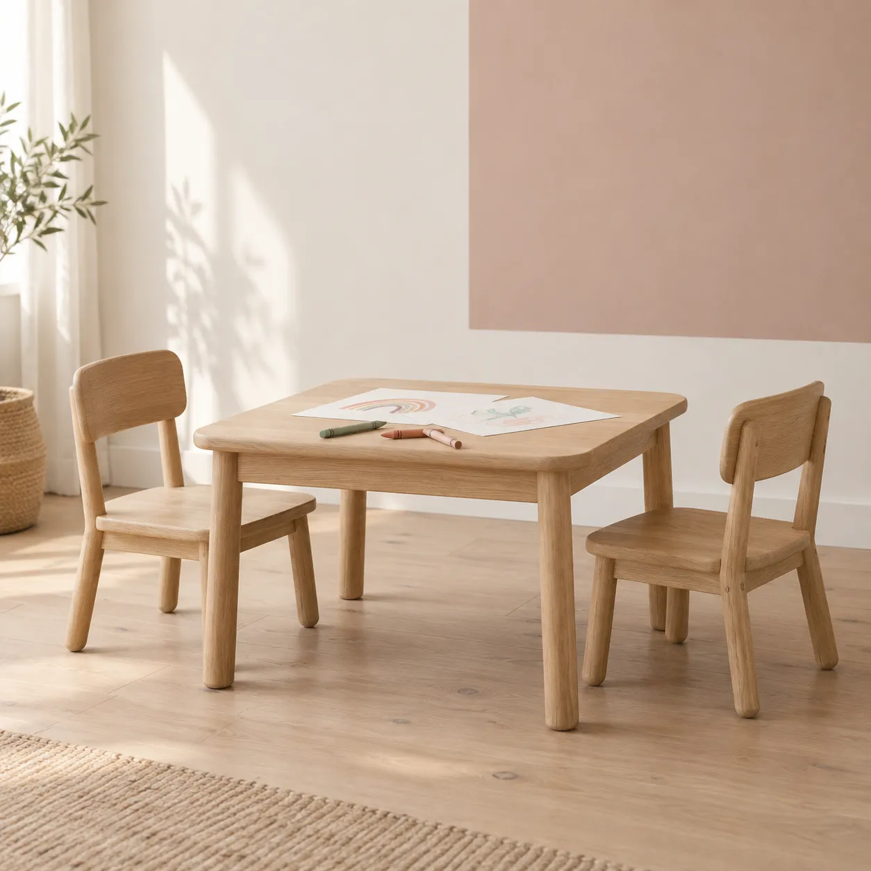 Mesa infantil y dos sillas de madera clara con dibujos y lápices
