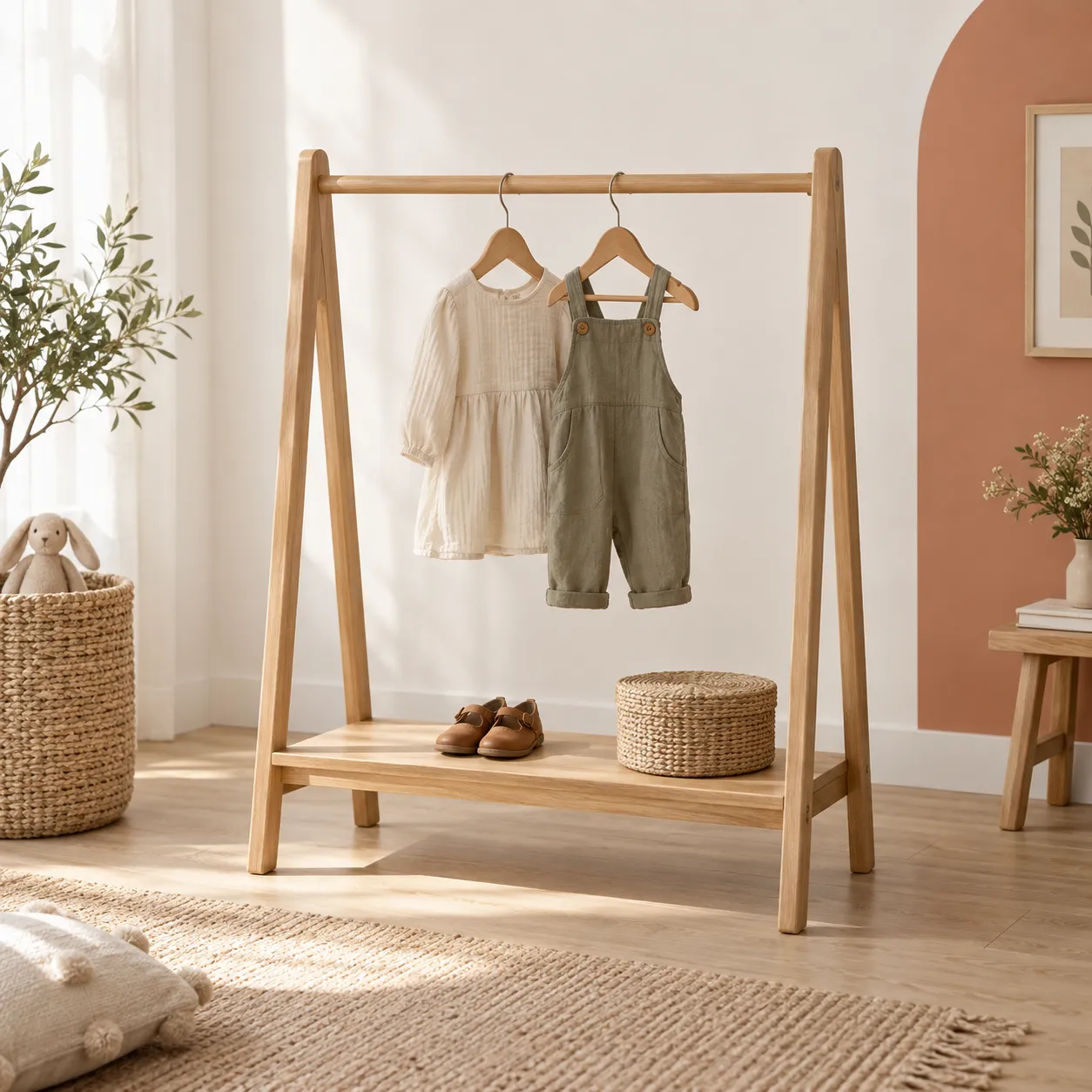 Perchero infantil bajo de madera con prendas de lino y zapatos