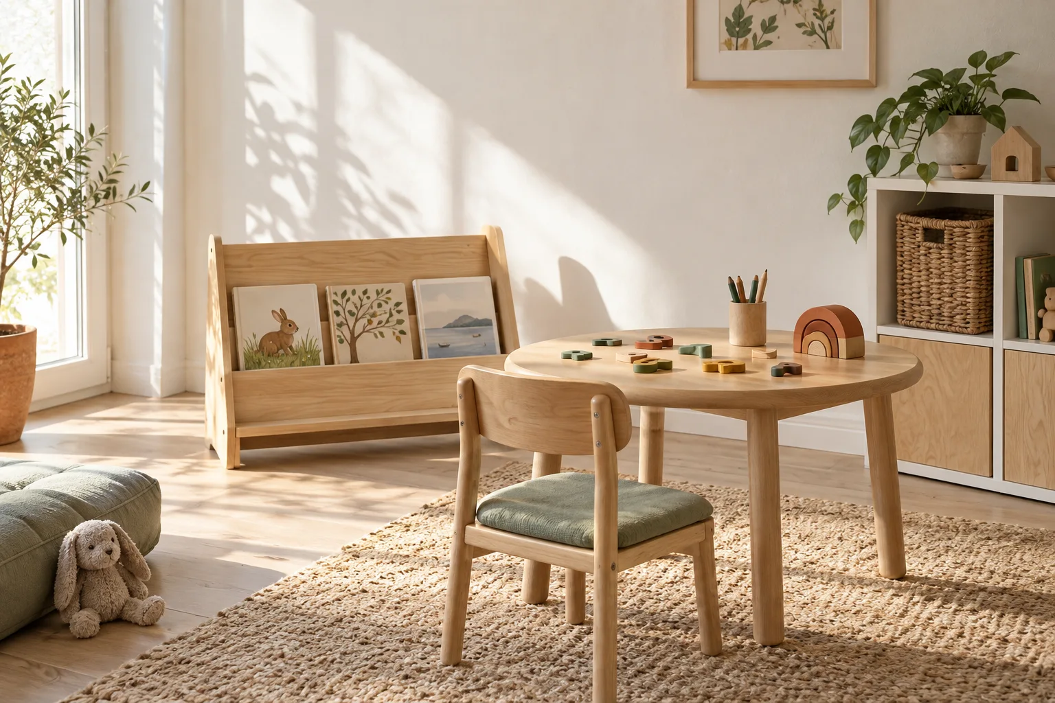 Rincón de lectura y dibujo con muebles bajos de madera y almacenaje blanco