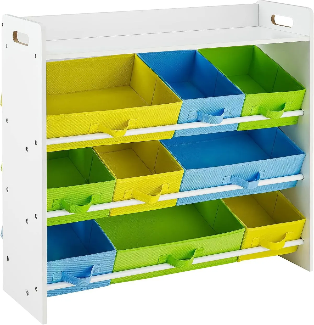 Organizador SONGMICS blanco con nueve cajas amarillas, azules y verdes