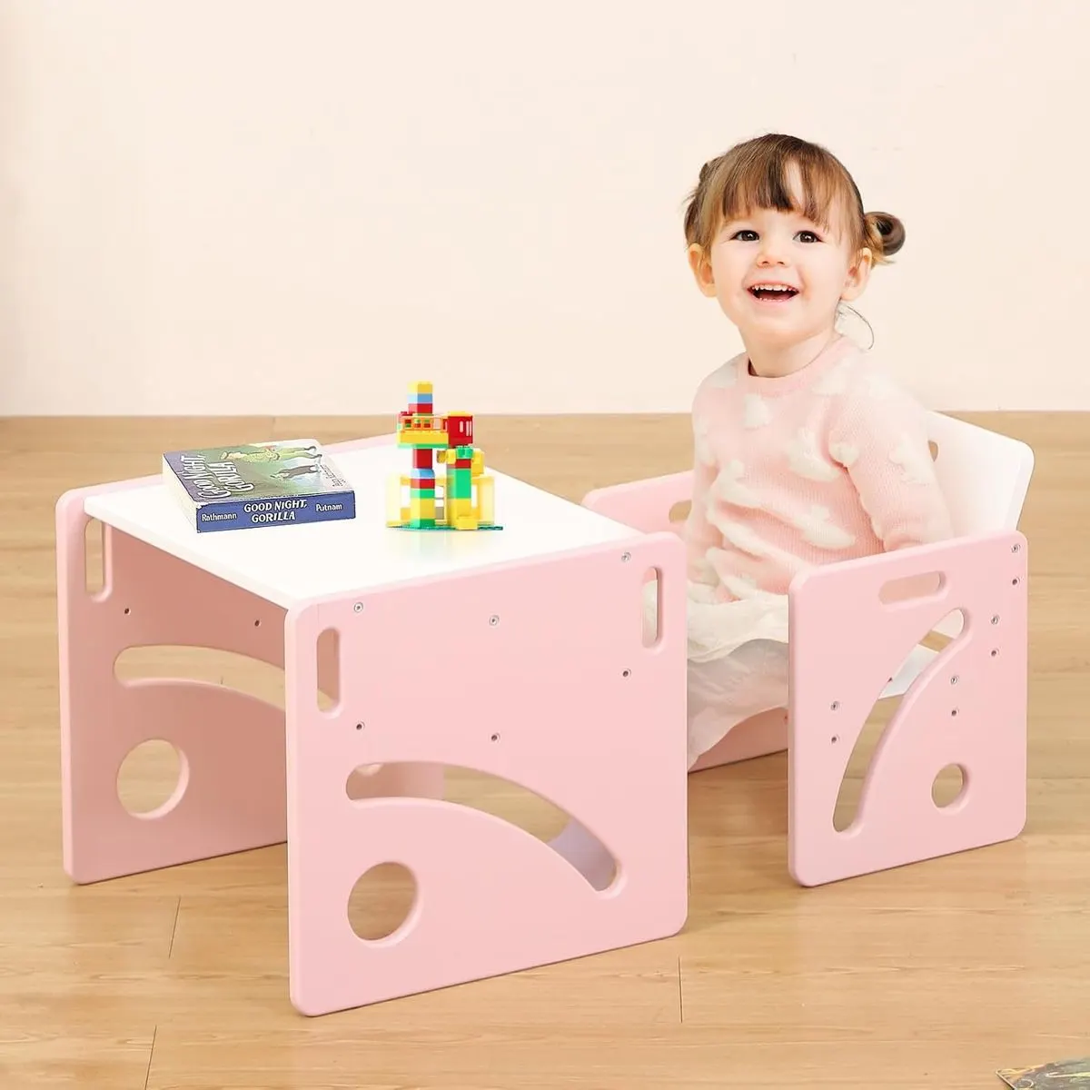 Conjunto FUNLIO rosa de mesa baja y una silla regulable